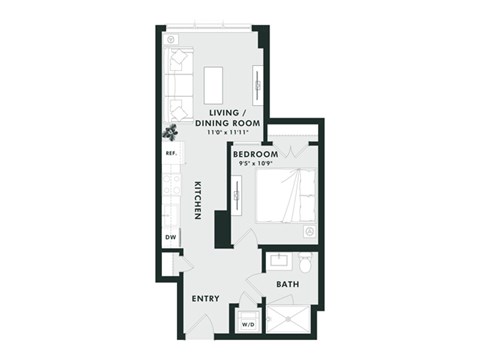 Floor plan for 1 bed, 1 bath, 529 sqft